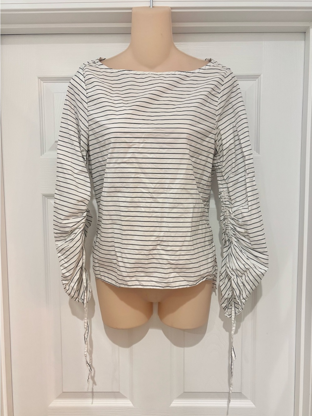 GAP White Striped Boatneck Top with Ruched Drawstring Sleeves